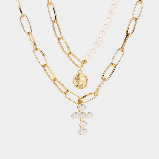 Collar cruz de perla dorado